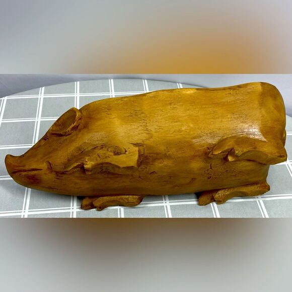 Pig Bowl Resin that Looks Like Wooden Hand Carved Unique Farmhouse Decor Vessel - Picture 7 of 9